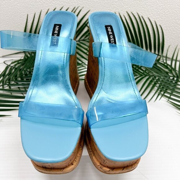 Nine West Rapps 2-Strap Platform Wedge Sandal Size 7.5M Turquoise Blue - Picture 3 of 12